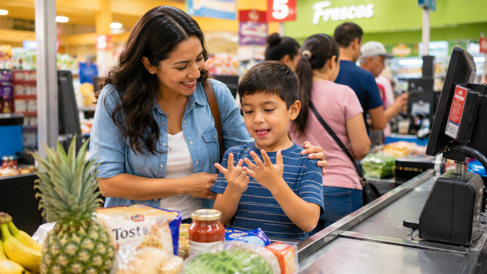 Mother and son counting in the grocery checkout line